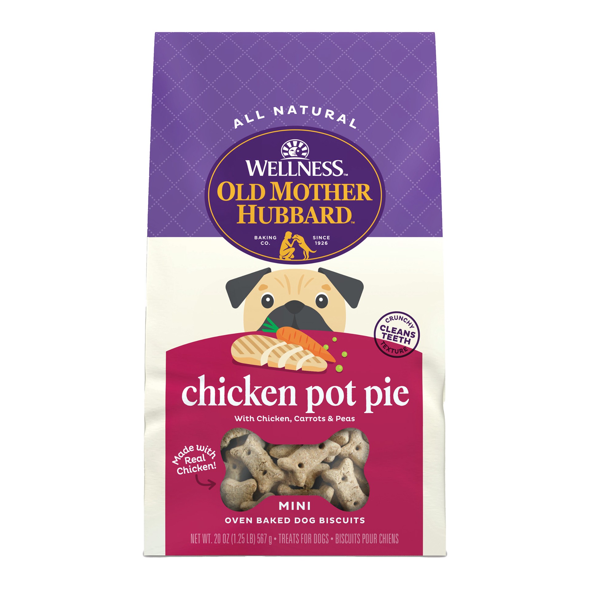 slide 1 of 4, Old Mother Hubbard Wellness Old Mother Hubbard Classic Chicken Pot Pie Natural Mini Oven-Baked Biscuits Dog Treats, 20 Ounce Bag, 1 ct