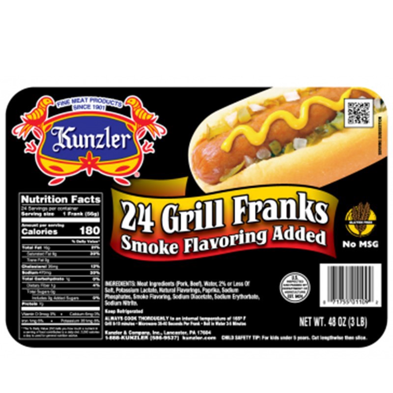 slide 1 of 1, Kunzler Grill Franks, 3 lb