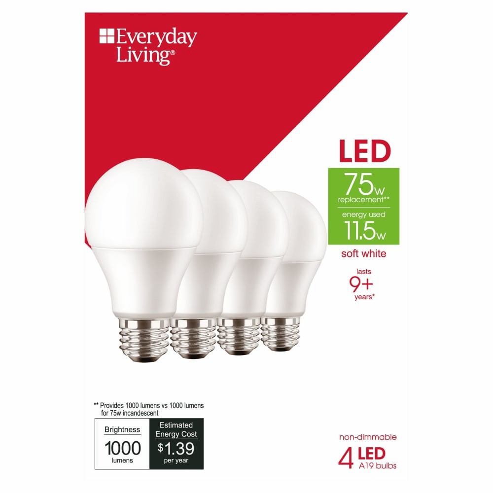 slide 3 of 3, Everyday Living 75W Soft White A19 LED Light Bulbs, 4 ct