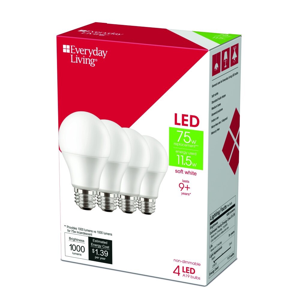 slide 2 of 3, Everyday Living 75W Soft White A19 LED Light Bulbs, 4 ct