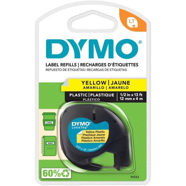 slide 7 of 10, DYMO Letratag Plastic Label Tape Cassette, 1/2in X, Hyper Yellow, 13 ft