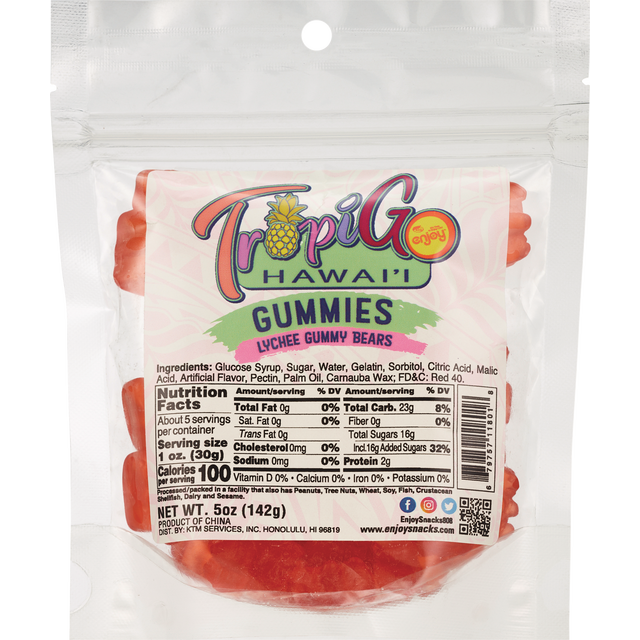 slide 1 of 1, TROPIGO HAWAII Tropigo Gummy Bears Lychee, 5 oz
