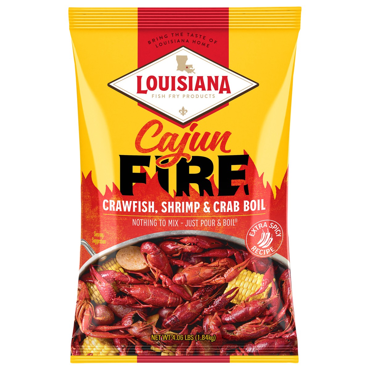 slide 1 of 9, Louisiana Fish Fry Products Extra Spicy Recipe Cajun Fire Crawfish, Shrimp & Crab Boil 4.06 lb, 4.06 lb