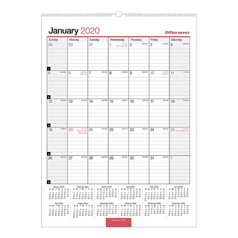 slide 1 of 1, Office Depot Brand Monthly Wall Calendar, 8'' X 11'', Black/Red, January To December 2020, Od301328, 1 ct