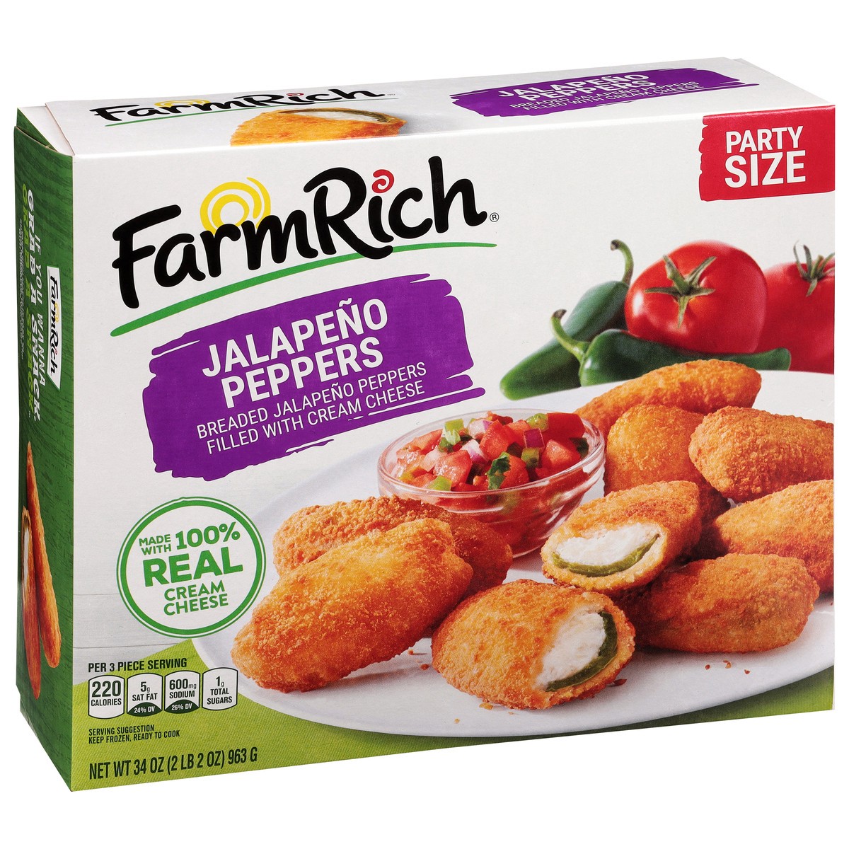 slide 6 of 9, Farm Rich Breaded Jalapeno Peppers Stuffed with 100% Real Cream Cheese, 34 oz, 34 oz