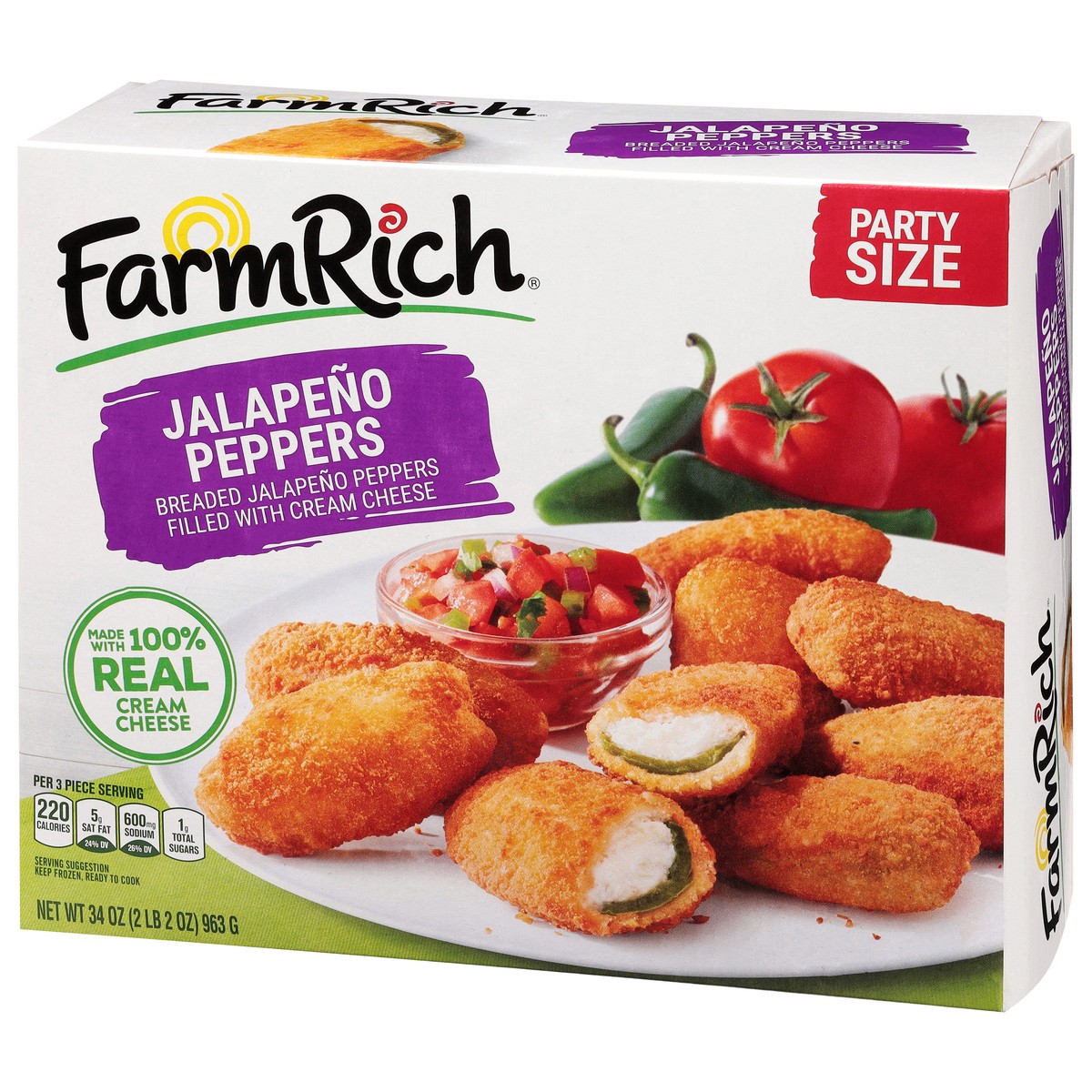 slide 3 of 9, Farm Rich Breaded Jalapeno Peppers Stuffed with 100% Real Cream Cheese, 34 oz, 34 oz