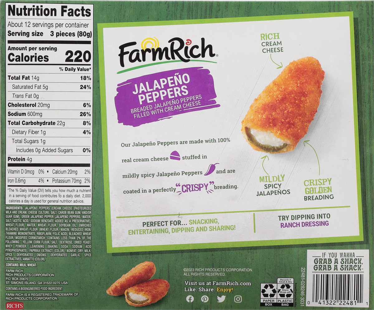 slide 9 of 9, Farm Rich Breaded Jalapeno Peppers Stuffed with 100% Real Cream Cheese, 34 oz, 34 oz