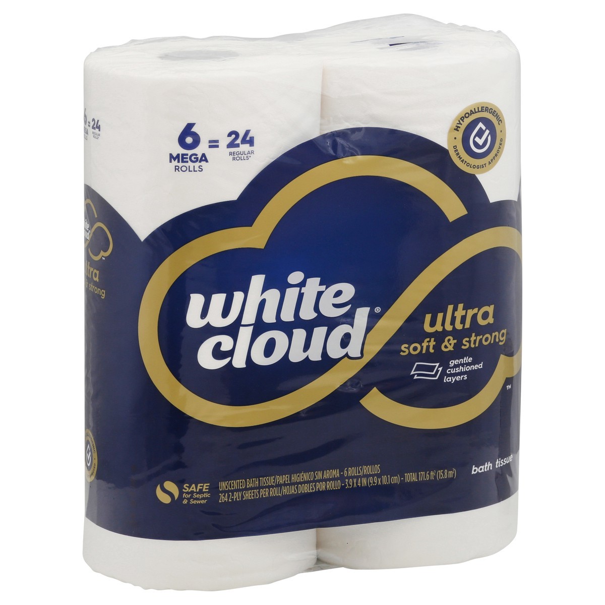 slide 8 of 8, White Cloud Bath Tissue, Unscented, Ultra, Soft & Strong, Mega Roll, 2-Ply, 6 ct