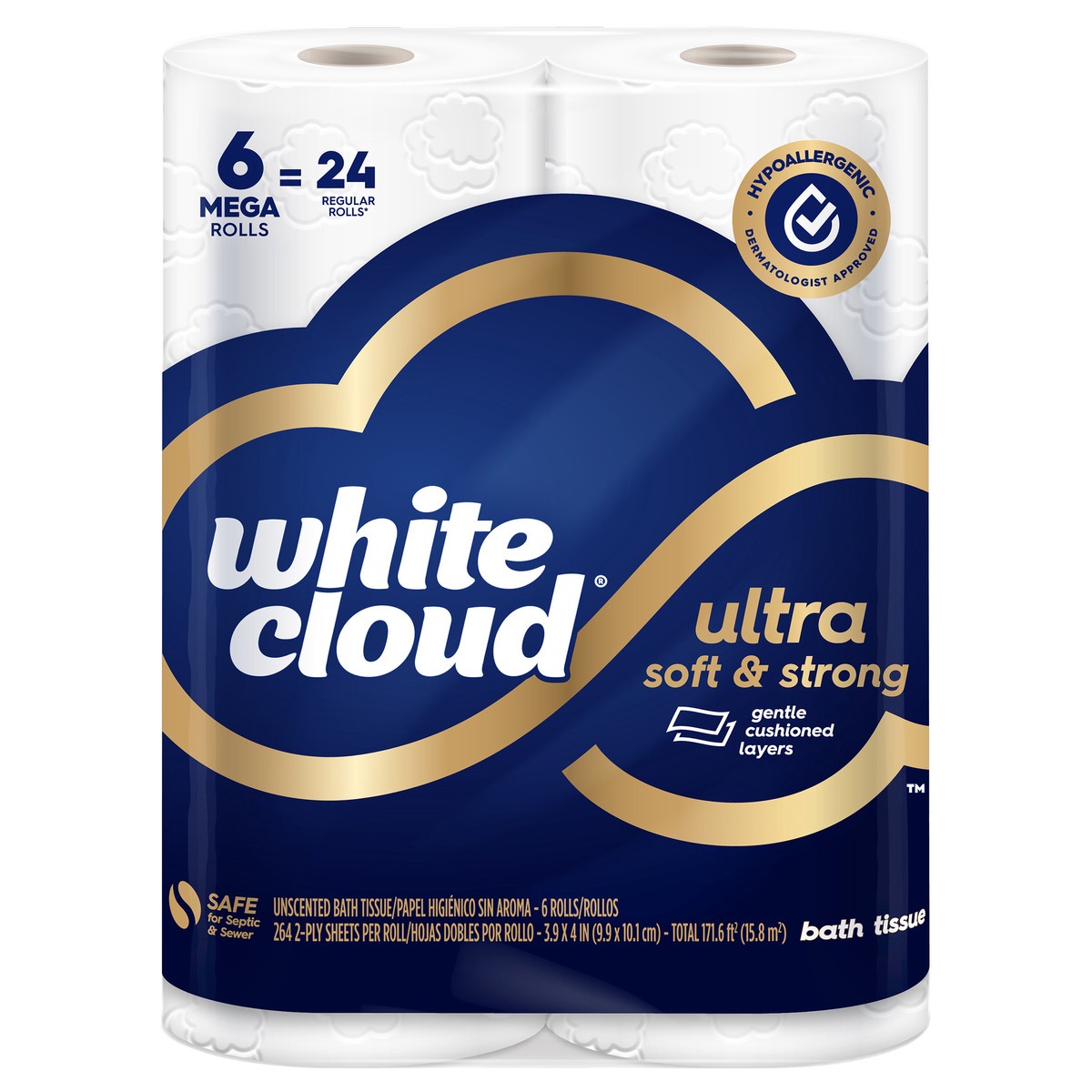 slide 1 of 8, White Cloud Bath Tissue, Unscented, Ultra, Soft & Strong, Mega Roll, 2-Ply, 6 ct