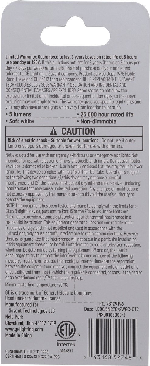 slide 11 of 12, GE Specialty LED 0.5 Watts Clear LED Light Bulbs 2 ea, 2 ct