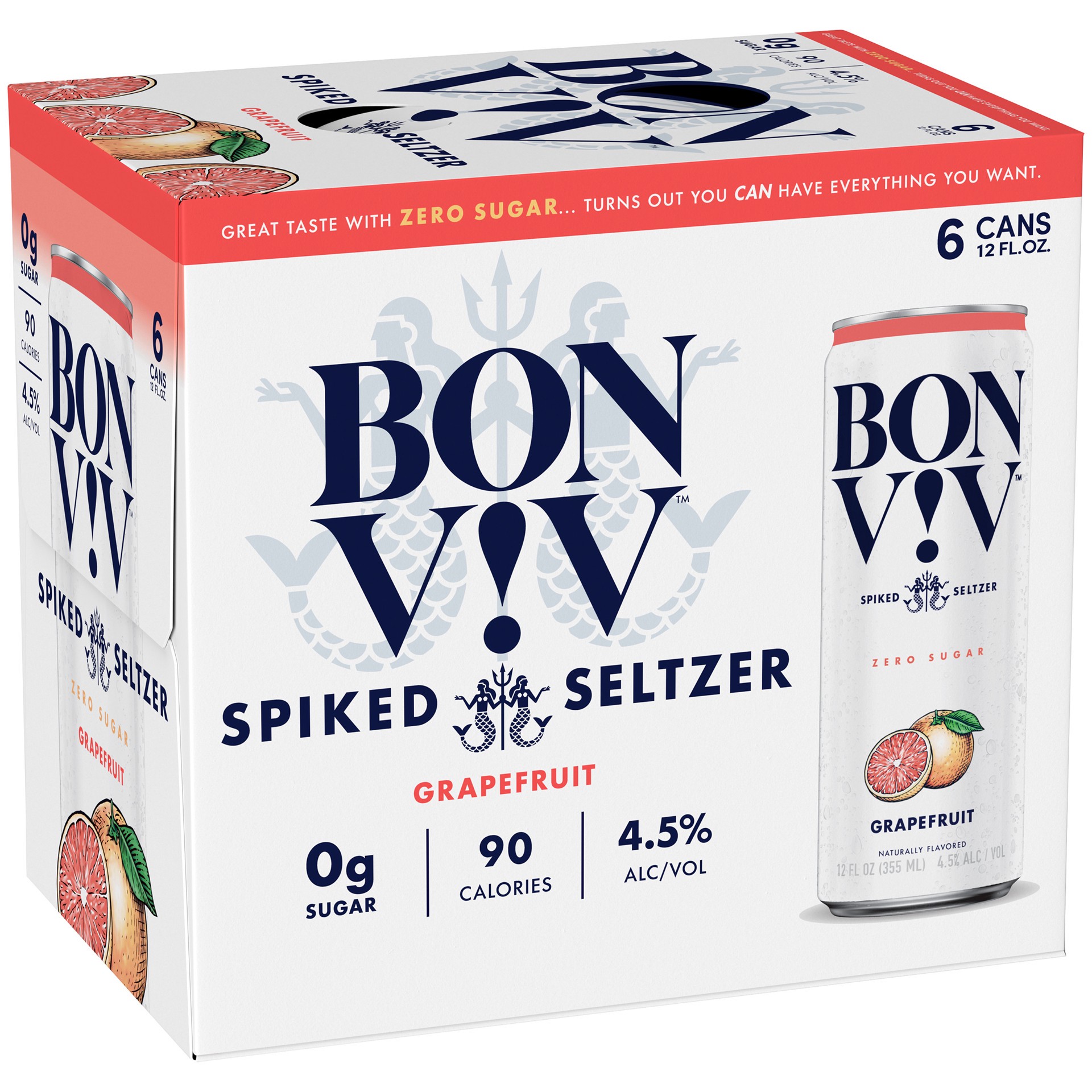 slide 1 of 10, Bon Viv BON V!V Grapefruit Spiked Seltzer contains only simple, select ingredients. With no barley or wheat, this flavored seltzer is totally gluten free and has a 4.5% ABV. BON V!V alcoholic drinks have 0 grams of sugar and 90 calories per serving. 6 pack., 6 ct; 12 fl oz