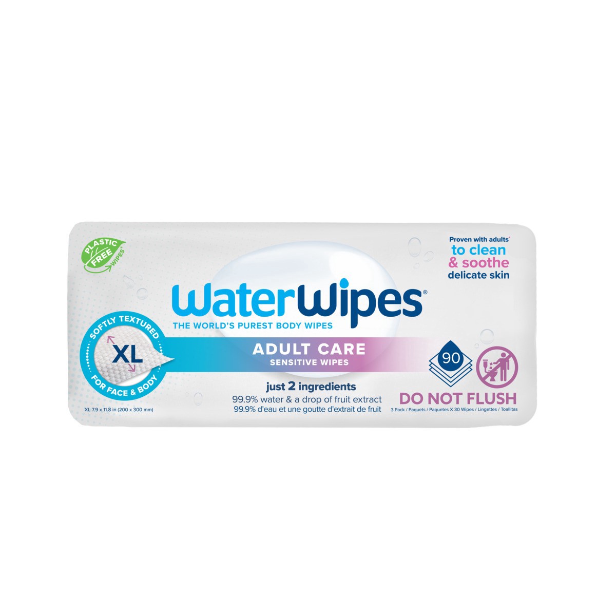 slide 4 of 5, WaterWipes Sensitive+ Body & Intimate Wipes, 3-In-1 Cleans, Cares, Protects, 99.9% Water, Unscented & Hypoallergenic Hygiene Wet Wipes, Adult Care, 90 Wipes (3 Packs), 90 ct