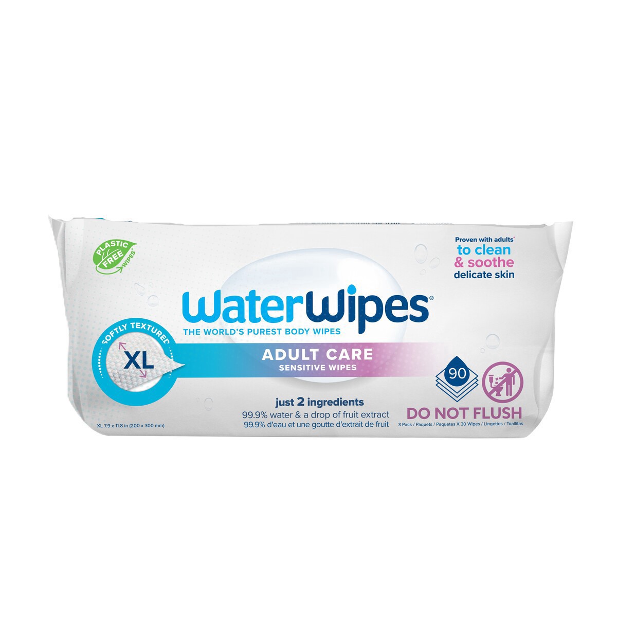 slide 5 of 5, WaterWipes Sensitive+ Body & Intimate Wipes, 3-In-1 Cleans, Cares, Protects, 99.9% Water, Unscented & Hypoallergenic Hygiene Wet Wipes, Adult Care, 90 Wipes (3 Packs), 90 ct