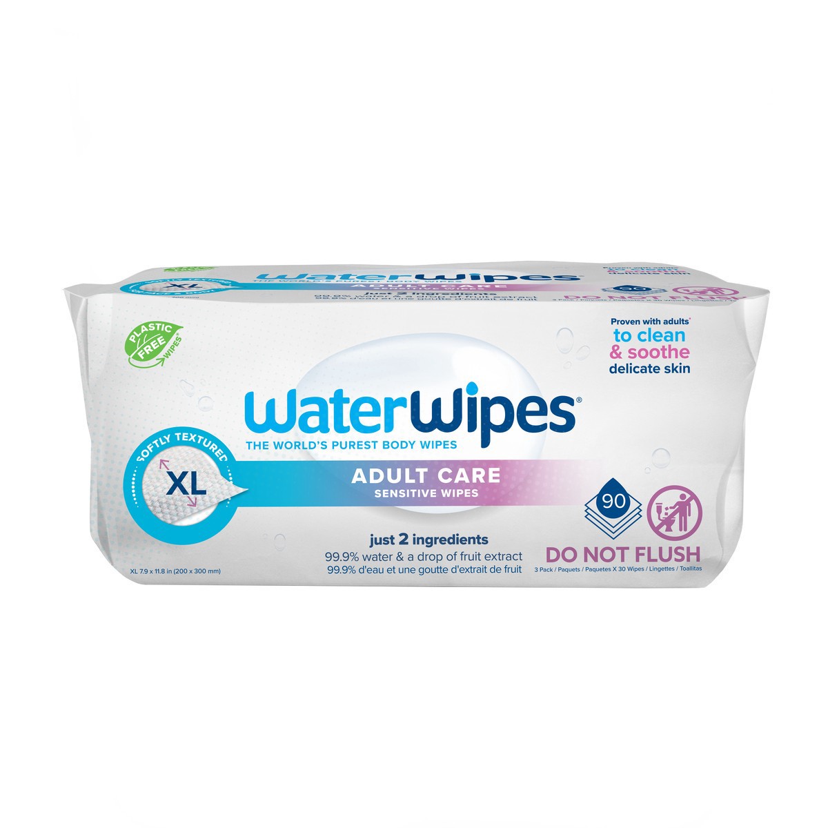 slide 3 of 5, WaterWipes Sensitive+ Body & Intimate Wipes, 3-In-1 Cleans, Cares, Protects, 99.9% Water, Unscented & Hypoallergenic Hygiene Wet Wipes, Adult Care, 90 Wipes (3 Packs), 90 ct