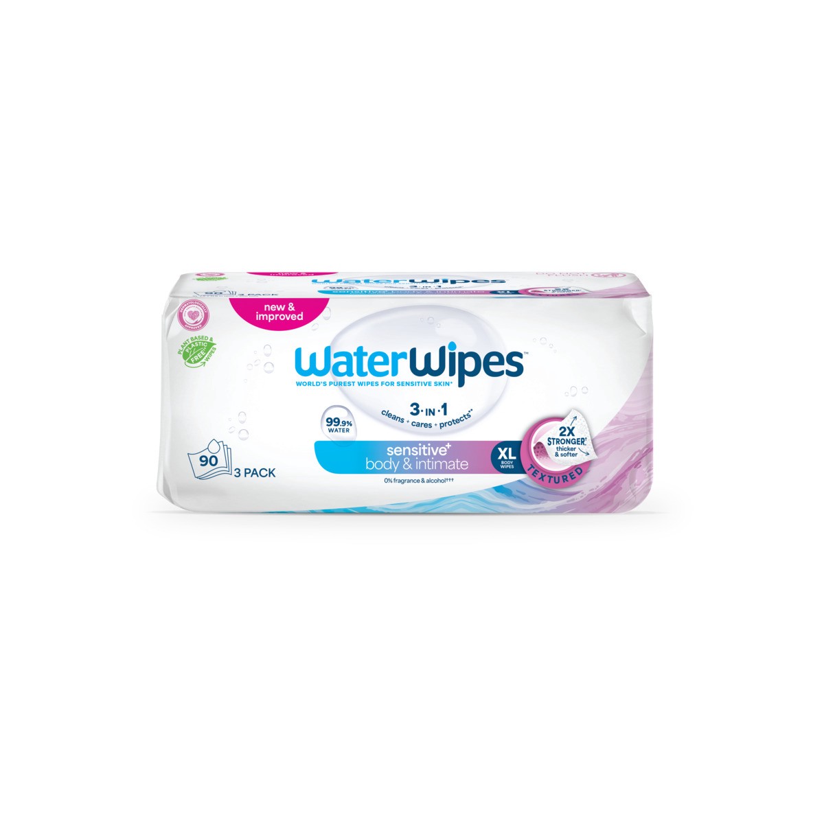 slide 1 of 5, WaterWipes Sensitive+ Body & Intimate Wipes, 3-In-1 Cleans, Cares, Protects, 99.9% Water, Unscented & Hypoallergenic Hygiene Wet Wipes, Adult Care, 90 Wipes (3 Packs), 90 ct
