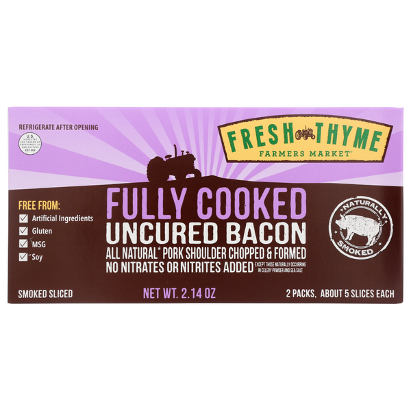 slide 1 of 1, Fresh Thyme Fully Cooked Uncured Bacon, 2.14 oz