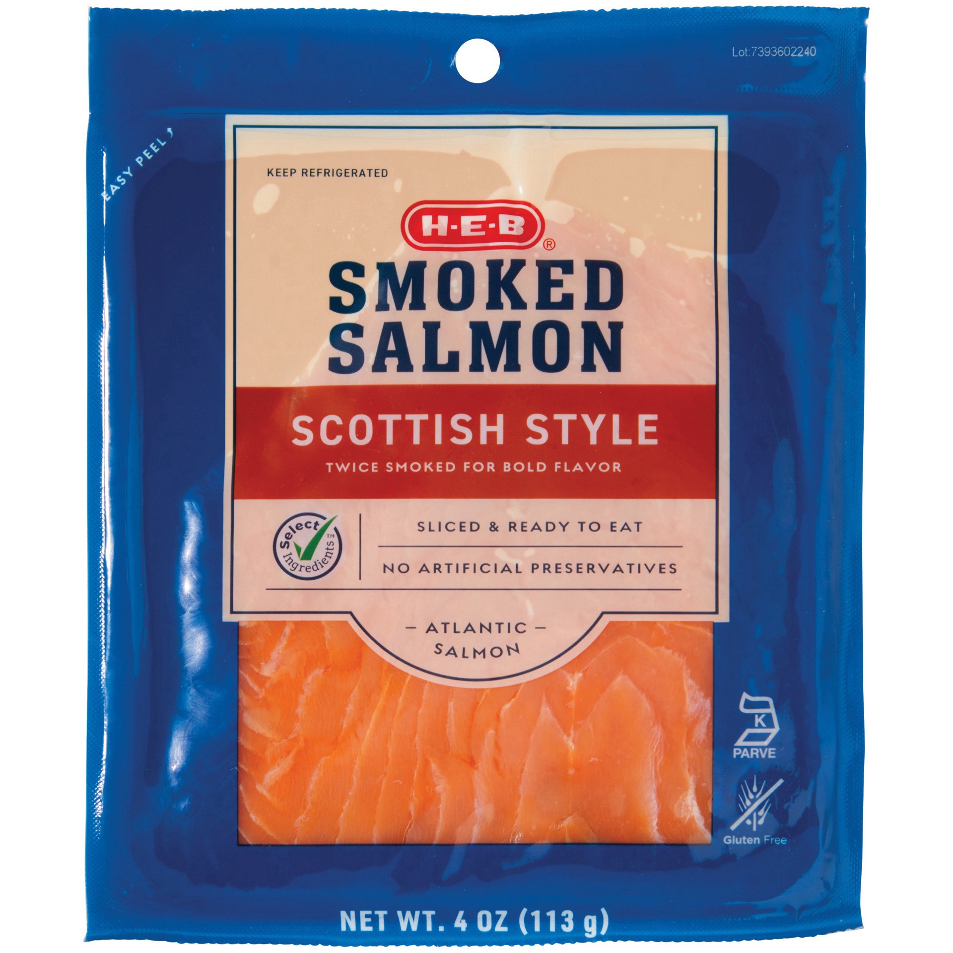 slide 1 of 1, H-E-B Smoked Atlantic Salmon - Scottish Style, 4 oz