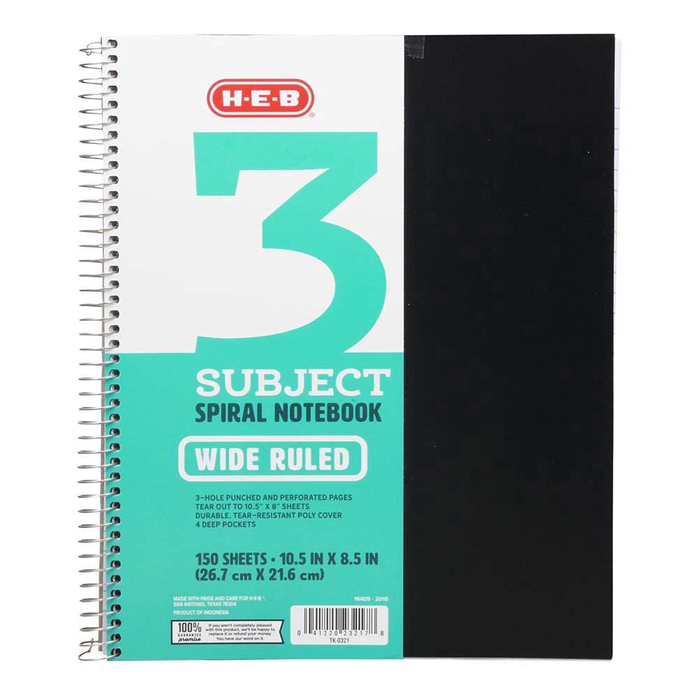 slide 1 of 1, H-E-B 3 Subject Wide Ruled Poly Spiral Notebook - Black, 150 ct