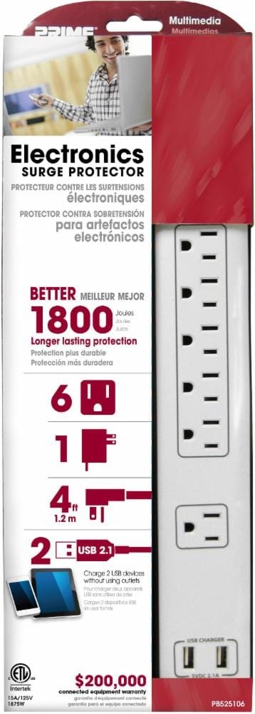 slide 1 of 1, Prime Wire & Cable 6-Outlet Multimedia Surge Protector - 1800 Joule - 4 Foot - White, 4 ft