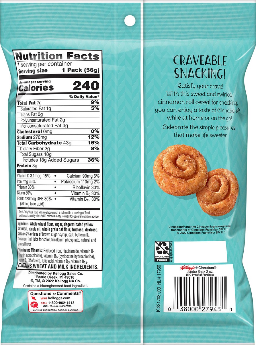 slide 6 of 8, Cinnabon Kellogg's Jumbo Snax Cinnamon Roll Cinnabon, 2 oz