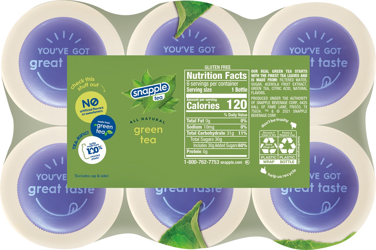 slide 4 of 7, Snapple Green Tea, 16 fl oz recycled plastic bottle, 6 pack - 6 ct, 6 ct; 16 oz