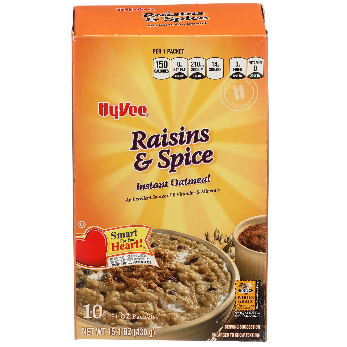 slide 1 of 1, Hy-vee Raisins & Spice Instant Oatmeal, 10 ct; 15.1 oz