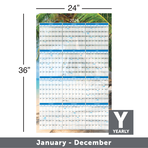 slide 3 of 4, Office Depot 2026 Office Depot® Brand Reversible Erasable Wall Calendar, 24"" x 36"", Paradise, January to December, 1 ct