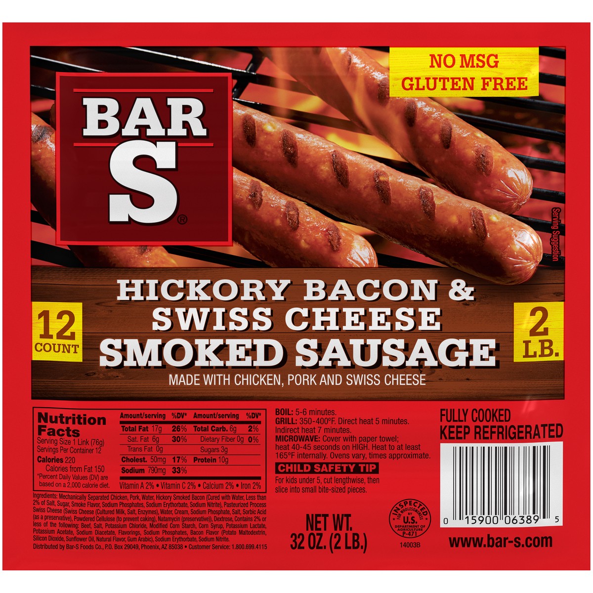 slide 1 of 11, Bar-S Hickory Bacon & Swiss Cheese Smoked Sausage 12 ct Pack, 32 oz