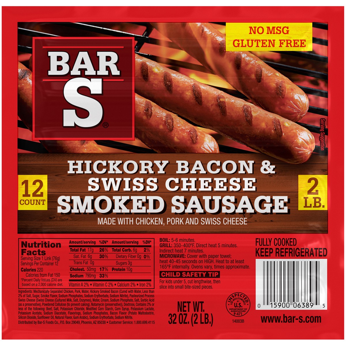 slide 1 of 11, Bar-S Hickory Bacon & Swiss Cheese Smoked Sausage 12 ct Pack, 32 oz