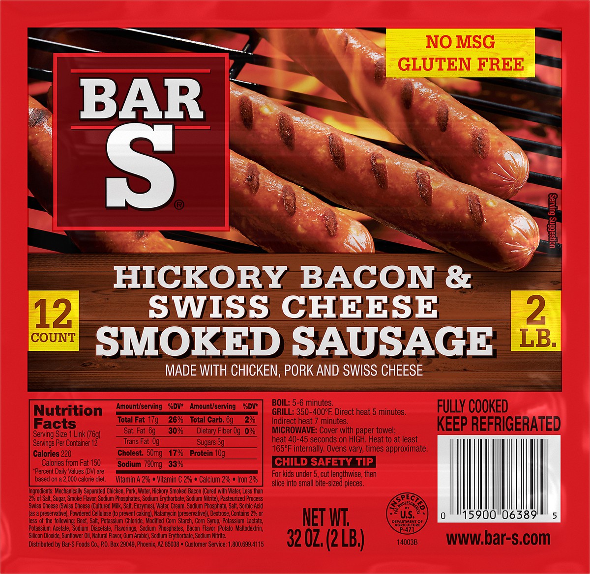 slide 9 of 11, Bar-S Hickory Bacon & Swiss Cheese Smoked Sausage 12 ct Pack, 32 oz