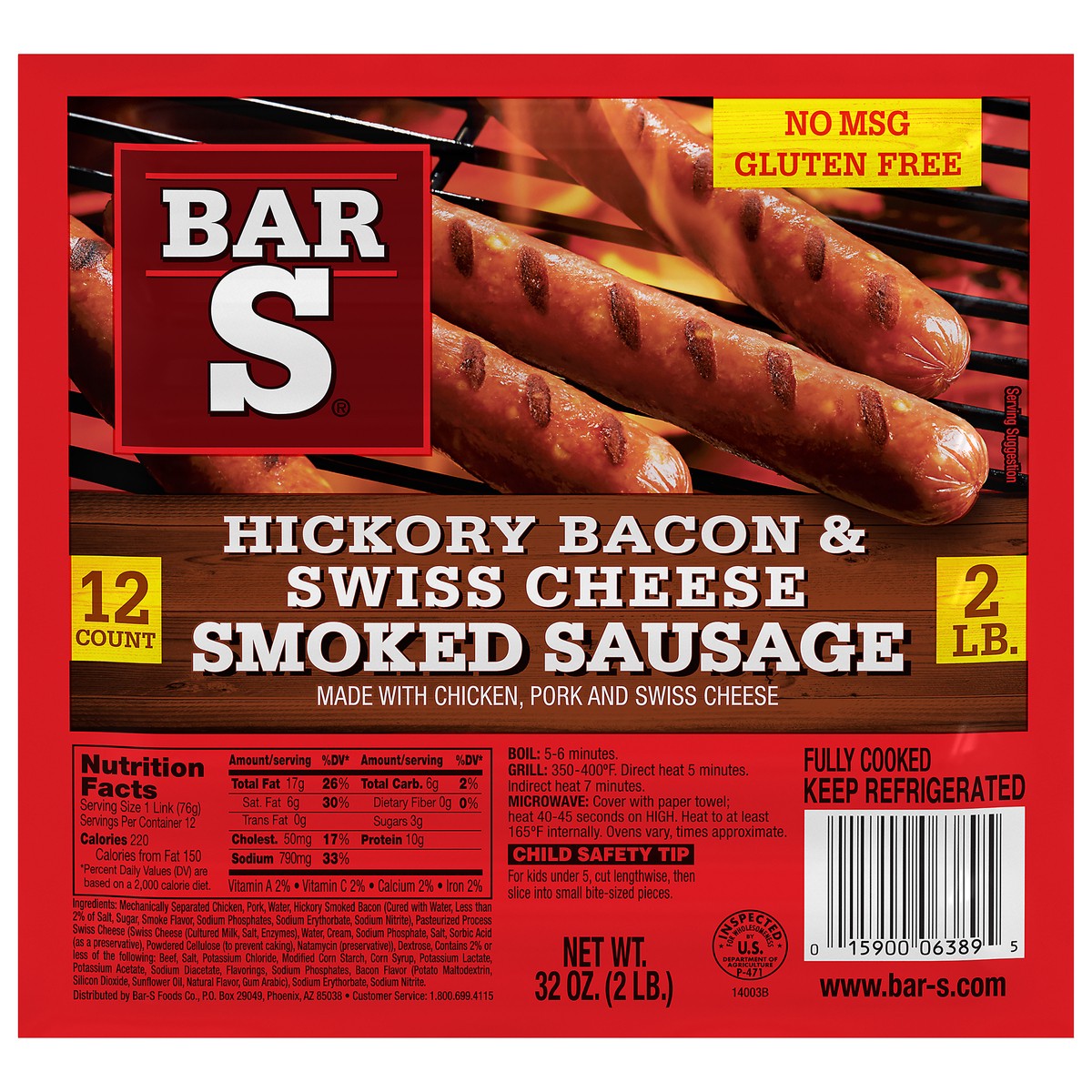 slide 11 of 11, Bar-S Hickory Bacon & Swiss Cheese Smoked Sausage 12 ct Pack, 32 oz