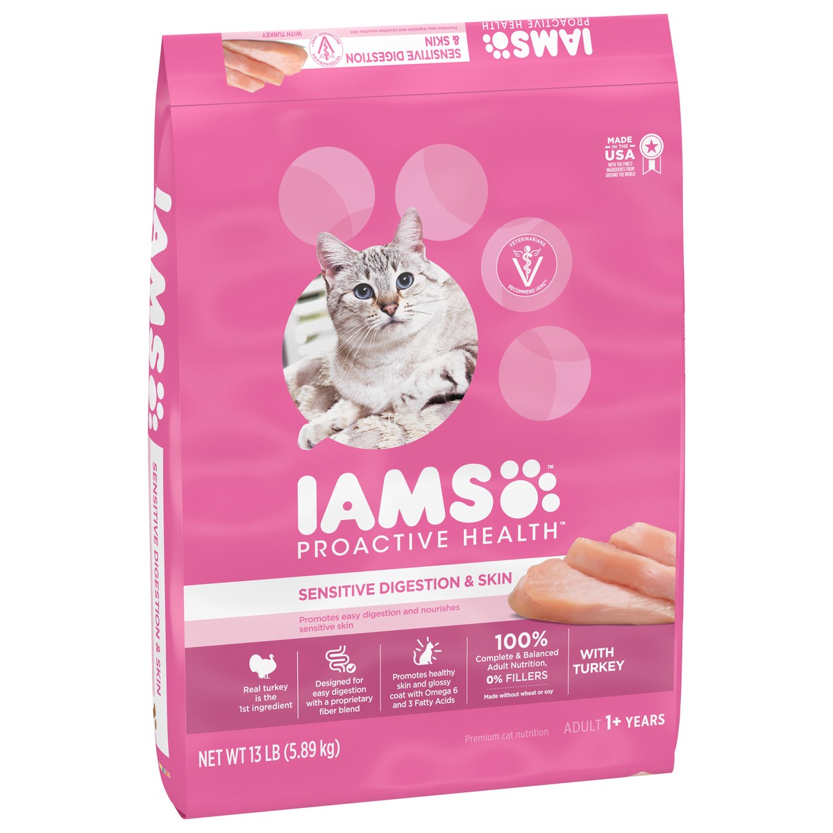 slide 7 of 8, IAMS PROACTIVE HEALTH Adult Sensitive Digestion & Skin, Dry Cat Food with Turkey Cat Kibble, 13 lb. Bag, 13 lb