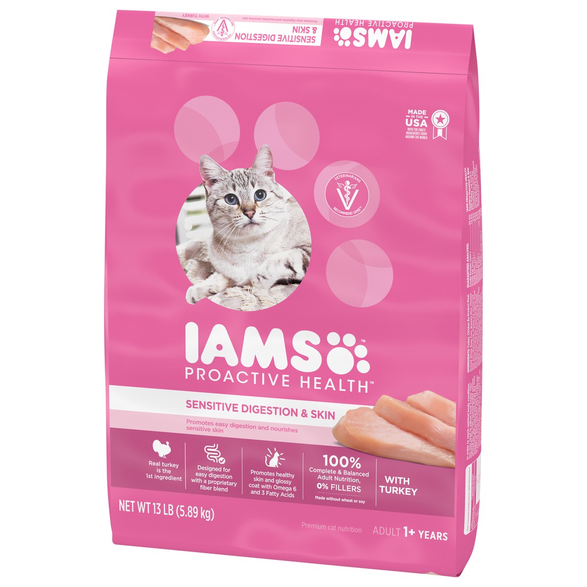 slide 8 of 8, IAMS PROACTIVE HEALTH Adult Sensitive Digestion & Skin, Dry Cat Food with Turkey Cat Kibble, 13 lb. Bag, 13 lb