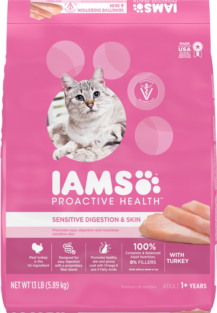 slide 6 of 8, IAMS PROACTIVE HEALTH Adult Sensitive Digestion & Skin, Dry Cat Food with Turkey Cat Kibble, 13 lb. Bag, 13 lb