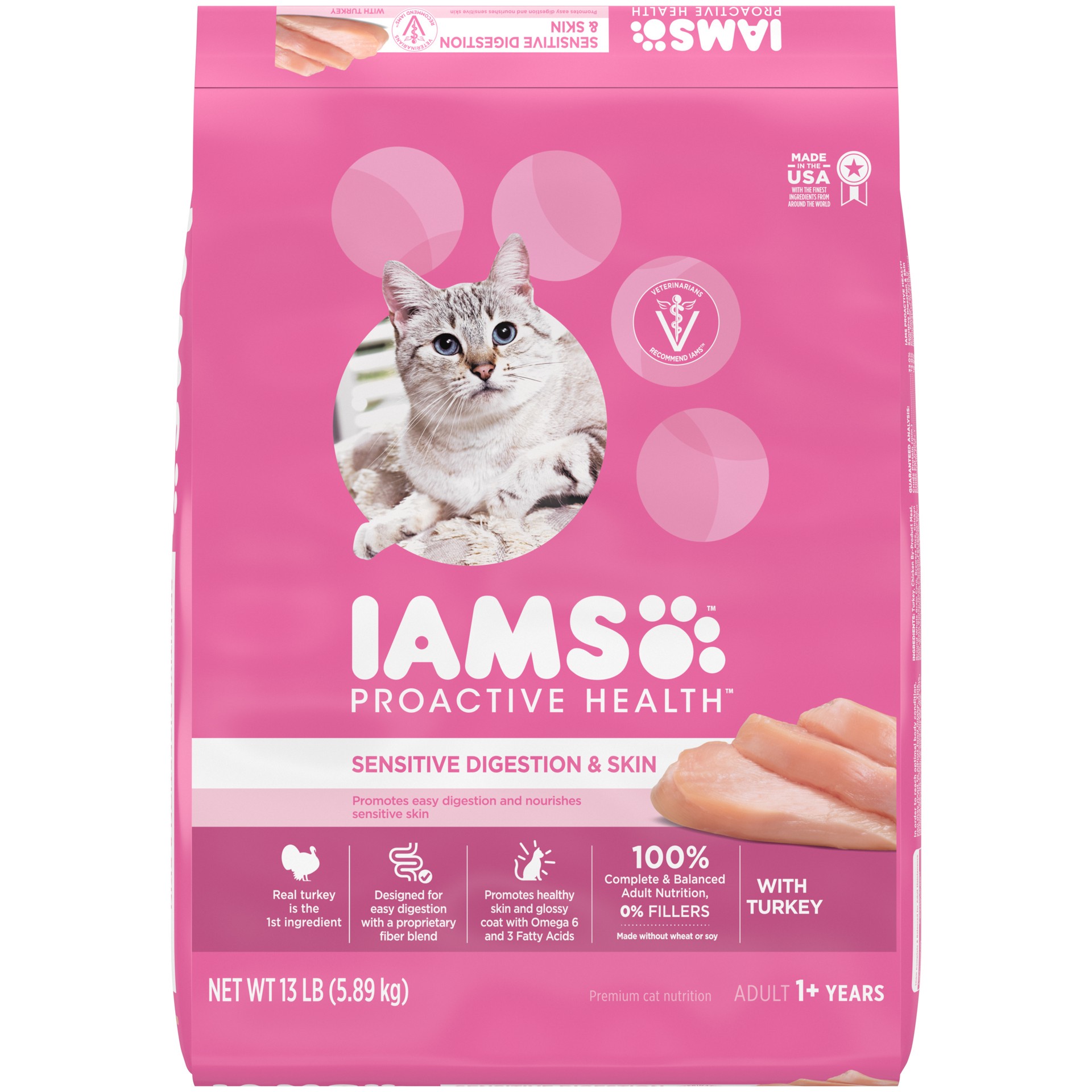 slide 1 of 8, IAMS PROACTIVE HEALTH Adult Sensitive Digestion & Skin, Dry Cat Food with Turkey Cat Kibble, 13 lb. Bag, 13 lb