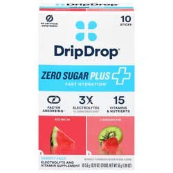DripDrop Zero Sugar Plus Watermelon/Strawberry Kiwi Electrolyte and Vitamin Supplement Variety Pack - 10 - 0.20 oz Sticks