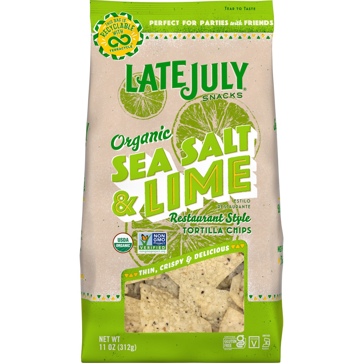 slide 1 of 5, Late July Snacks Sea Salt & Lime Tortilla Chips, 11 oz