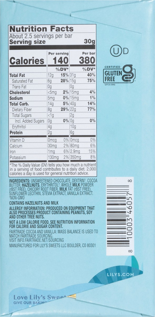 slide 7 of 9, Lily's Hazelnut Milk Chocolate Style No Sugar Added, Sweets Bar, 2.8 oz, 2.8 oz