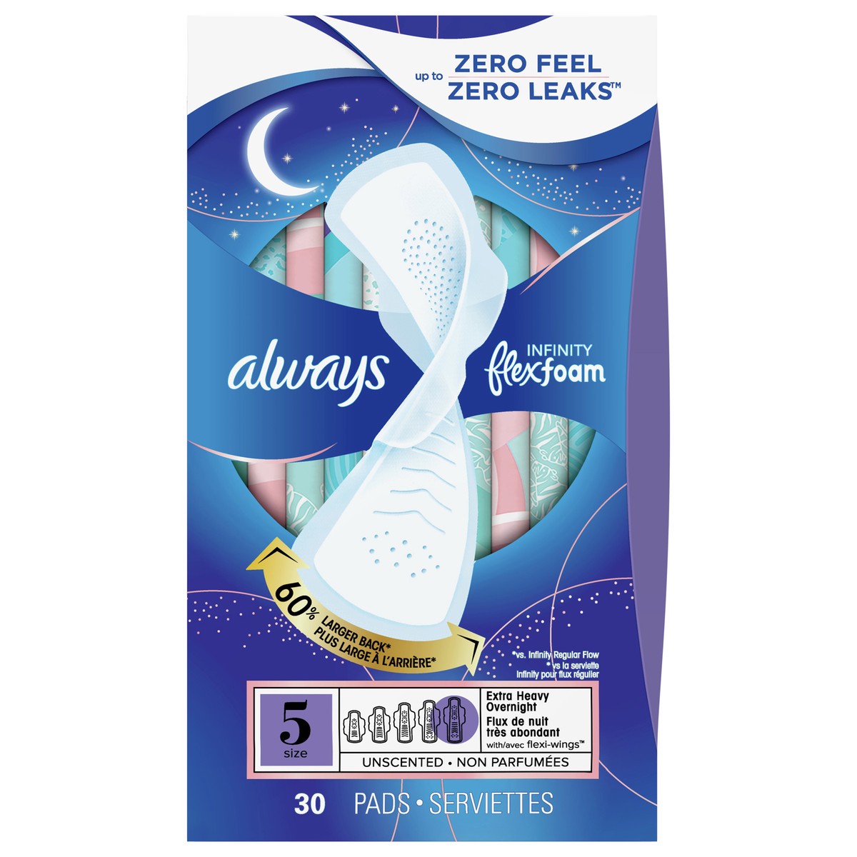 slide 1 of 5, Always Infinity Size 5 Extra Heavy Absorbency Unscented Overnight Sanitary Pads With Wings, 30 ct