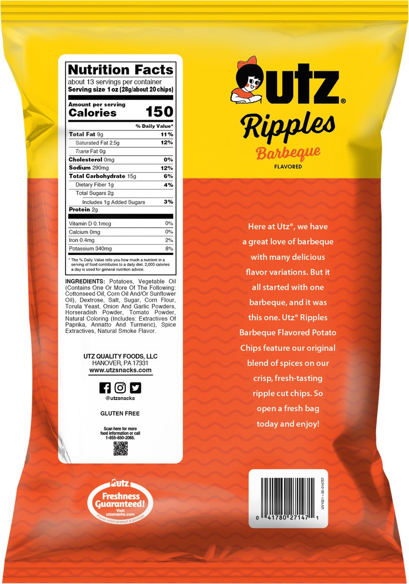 slide 3 of 12, Utz Ripples Potato Chips, Gluten-Free, Barbeque, Party Size, 12.5 oz Bag, 1 ct