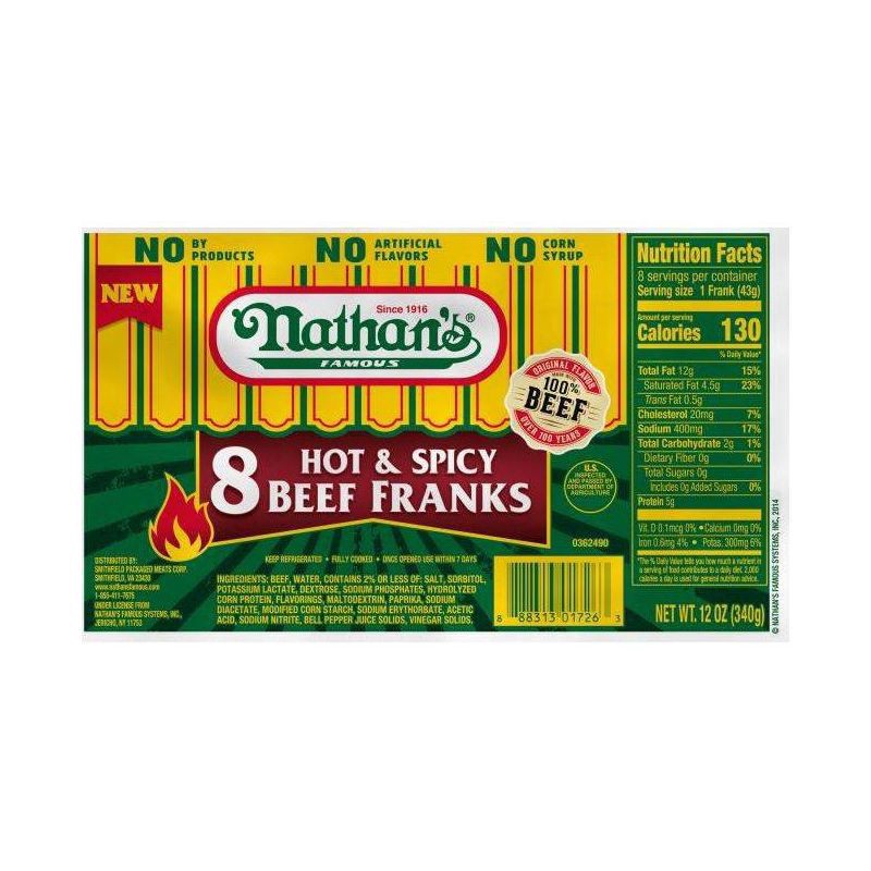 slide 5 of 5, Nathan's Famous Nathan's Hot & Spicy Beef Franks 12 oz, 8 ct