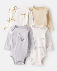 Carter's Baby 4-Pack Safari Print Cotton Long-Sleeve Multipack Bodysuits - Ivory/Yellow Multi 6M