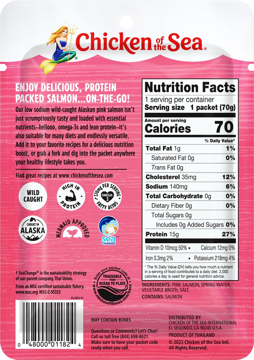 slide 7 of 7, Chicken of the Sea Wild Caught Alaskan Pink Salmon in Spring Water Packet, Low Sodium 2.5 oz, 2.5 oz