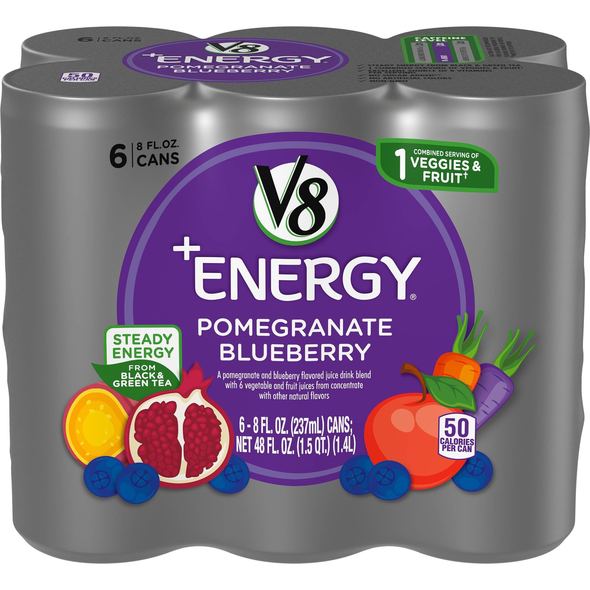 slide 1 of 10, V8 VFusion Energy Pomegranate Blueberry Beverage, 6 ct; 8 fl oz