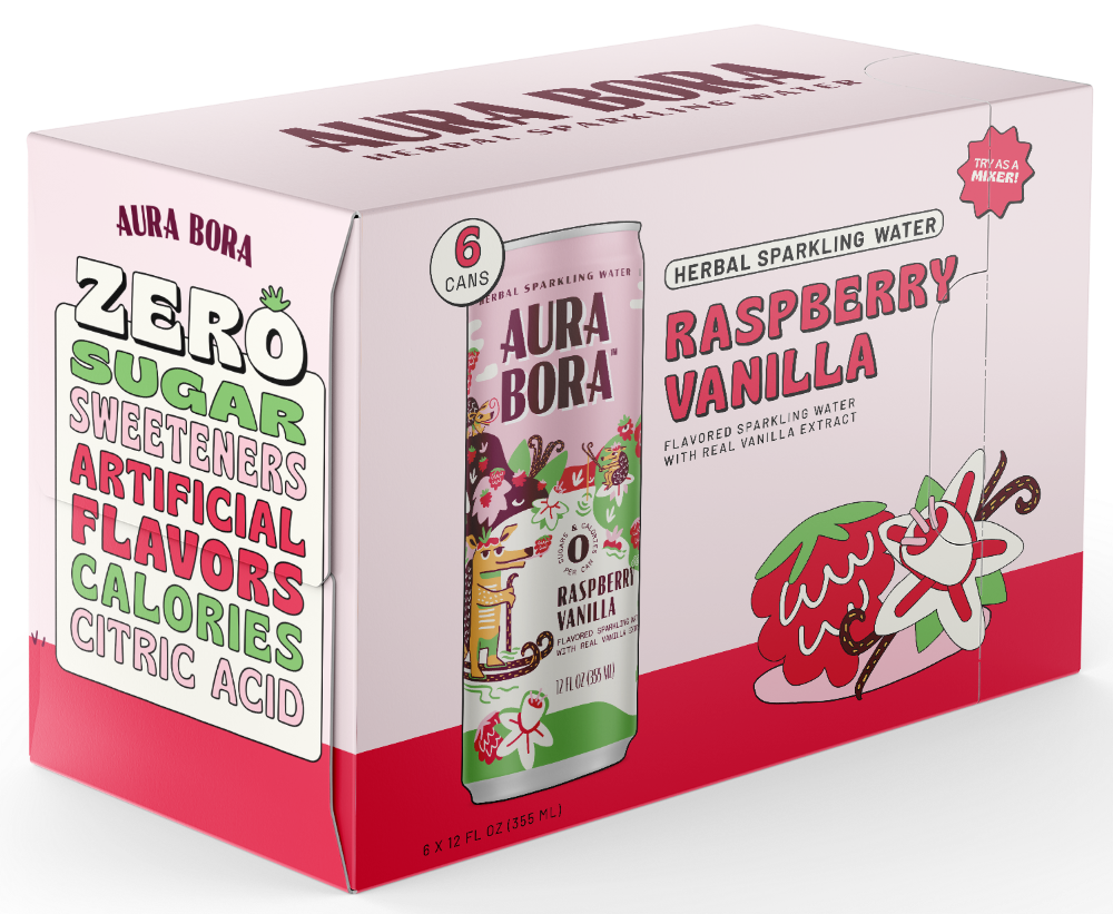 slide 1 of 1, Aura Bora Raspberry Vanilla Sparkling Water Cans - 6 ct; 12 fl oz, 6 ct; 12 fl oz