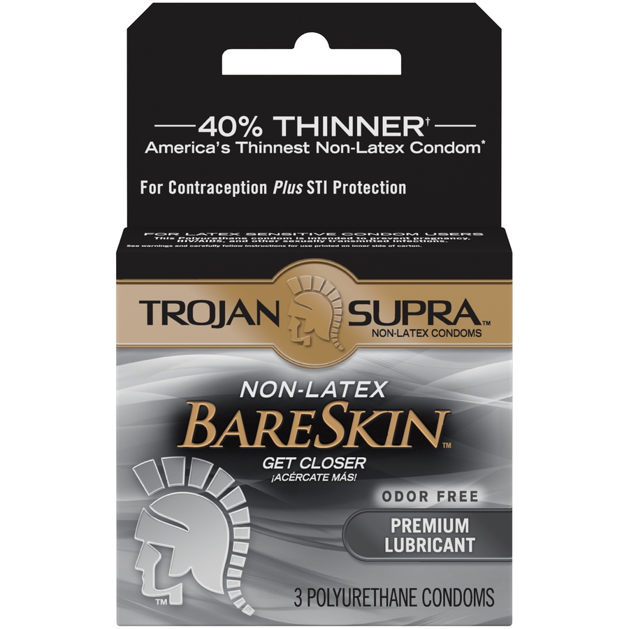 slide 1 of 5, Trojan Supra Premium Polyurethane Lubricant Condoms, 3 ct