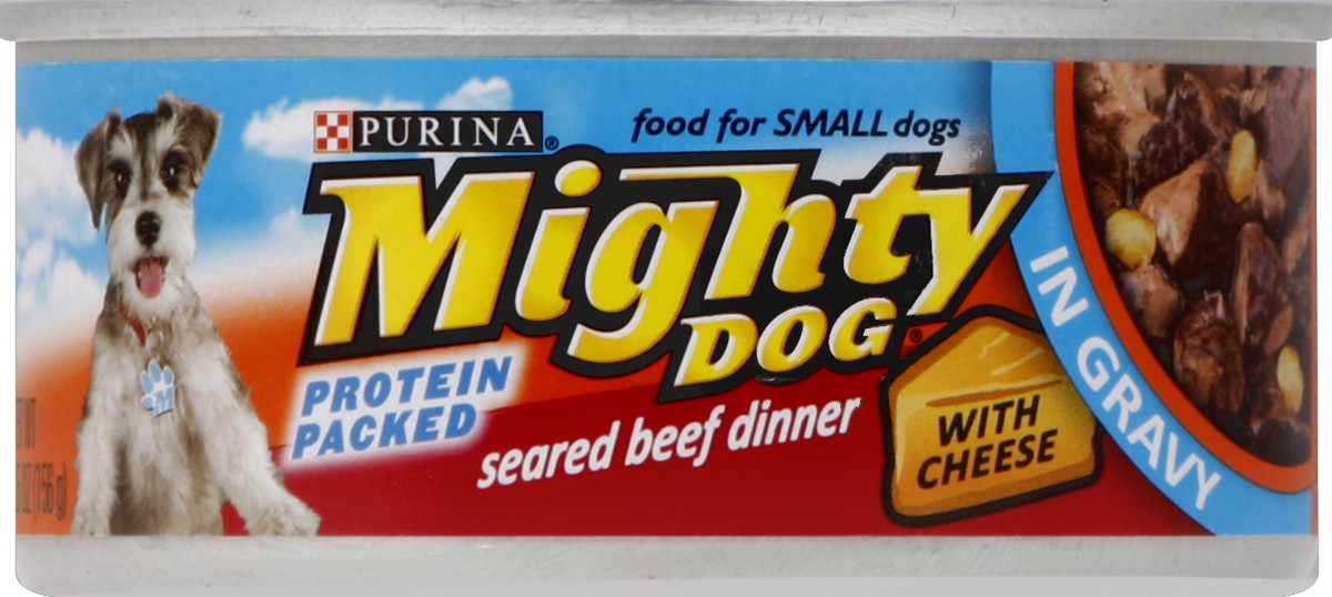 slide 2 of 3, Mighty Dog Seared Beef Dinner with Cheese in Gravy Dog Food, 5.5 oz