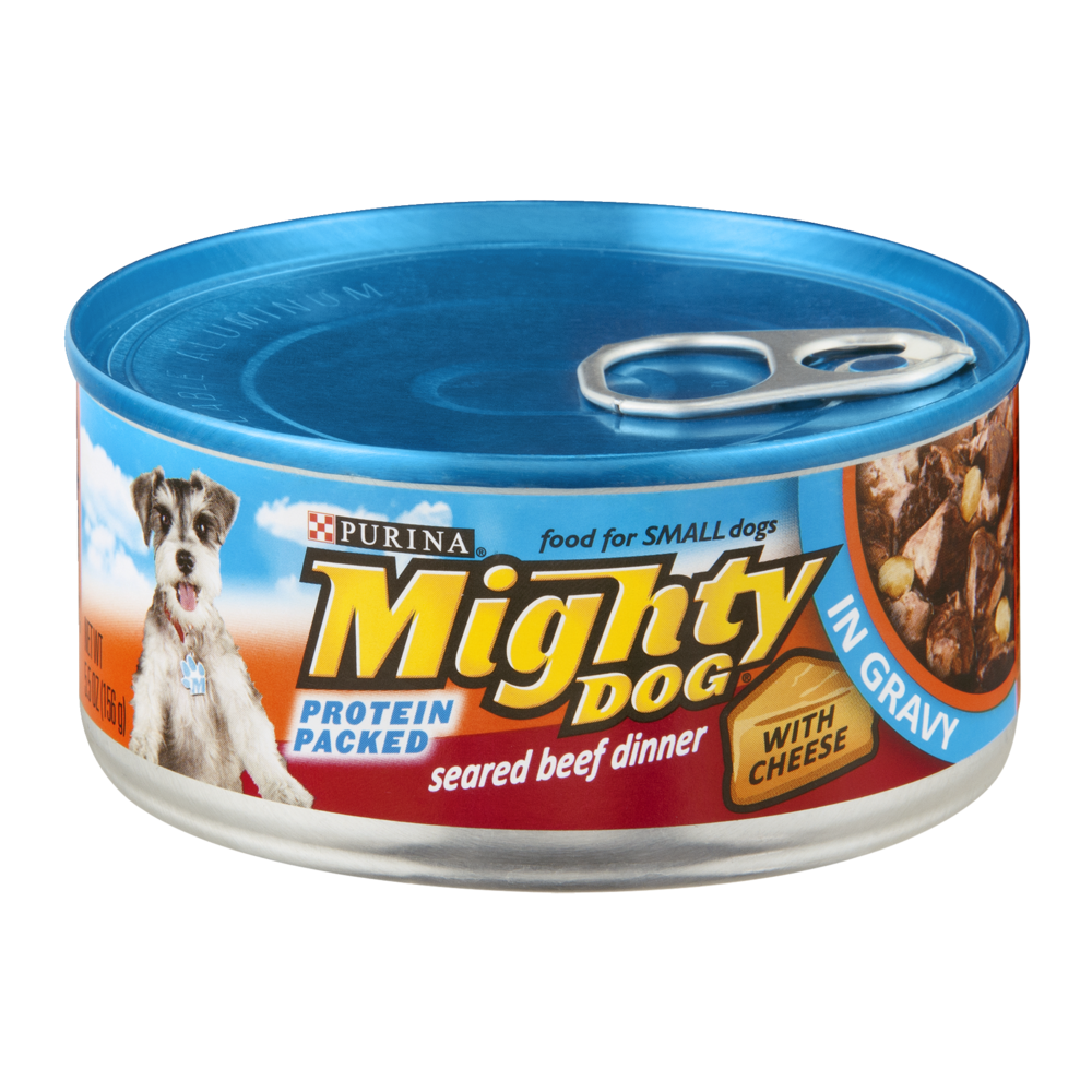 slide 1 of 1, Mighty Dog Seared Beef Dinner with Cheese in Gravy Dog Food, 5.5 oz