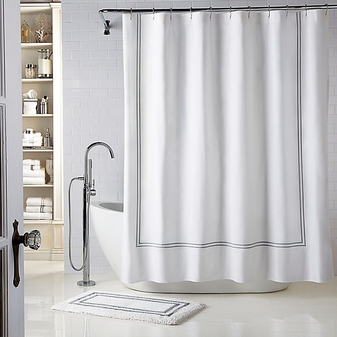 slide 1 of 1, Wamsutta Baratta Stitch Stall Shower Curtain - White/Charcoal, 54 in x 78 in