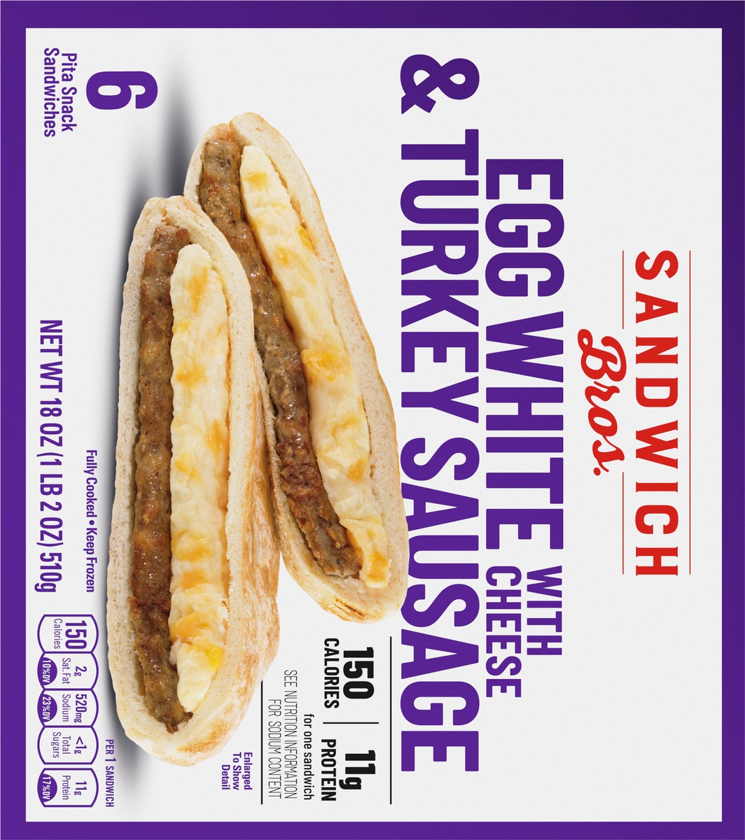 slide 8 of 9, Sandwich Bros. Sandwich Bros Egg White with Cheese and Turkey Sausage, Frozen Breakfast Sandwich, 6 Count, 18 oz, 6 ct; 18 oz